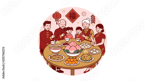 Chinese family enjoying traditional New Year reunion dinner.