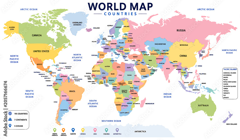 Obraz premium Detailed colorful world map featuring all sovereign nations with clear country names and ocean labels presented in a vibrant flat design style isolated on transparent background