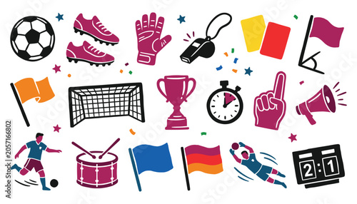 Soccer equipment and football fandom icon set for professional sports tournament branding