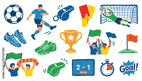 Soccer sports icon set with hand drawn athletic equipment and fans for championship design