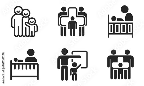 Set of black icons depicting family and healthcare, showing parents with child, medical cross, baby in crib, and teaching.