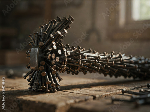 Hammer made of rusty nails, surreal metal tool on wooden workbench, industrial craft concept, dark workshop background, macro photography. Generative AI.