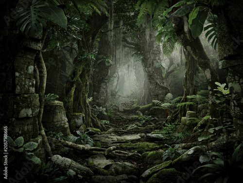 Ancient stone ruins overgrown with lush jungle vegetation in a misty tropical forest landscape. Concrete jungle. Generative AI.