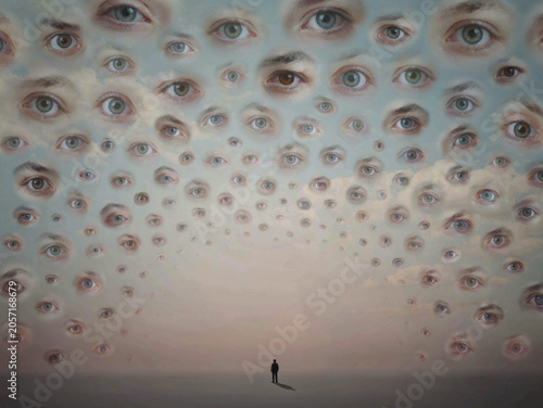 Surreal digital art of a vast sky filled with numerous human eyes looking down at a lone person. Generative AI.