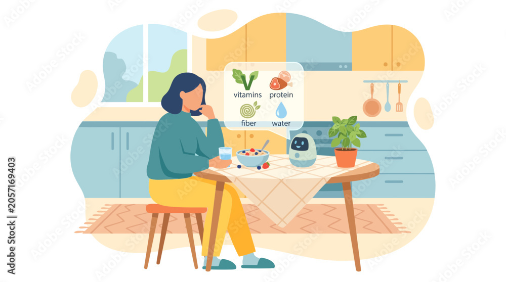 Fototapeta premium AI Smart Home Assistant Helping Woman with Healthy Nutrition in Kitchen