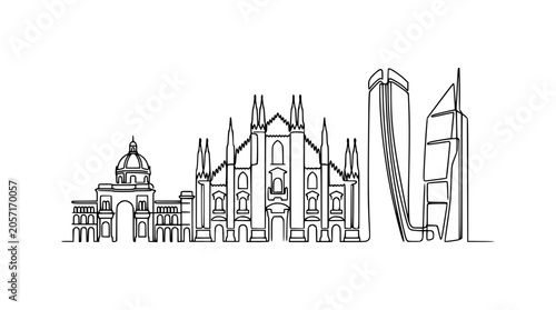 Milan Skyline Continuous Line Drawing: Duomo, Arco della Pace, and Modern Towers