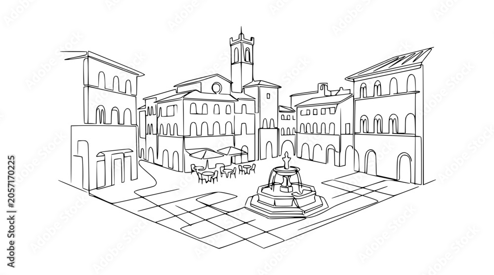 Obraz premium Italian Piazza Sketch: Fountain, Cafe, Old Buildings, Line Art Drawing