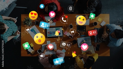 Quadro su tela Engaging Team Meeting with Social Media Reactions and Digital Interaction Symbols Overhead View of Diverse Group Collaborating on Project Gluon