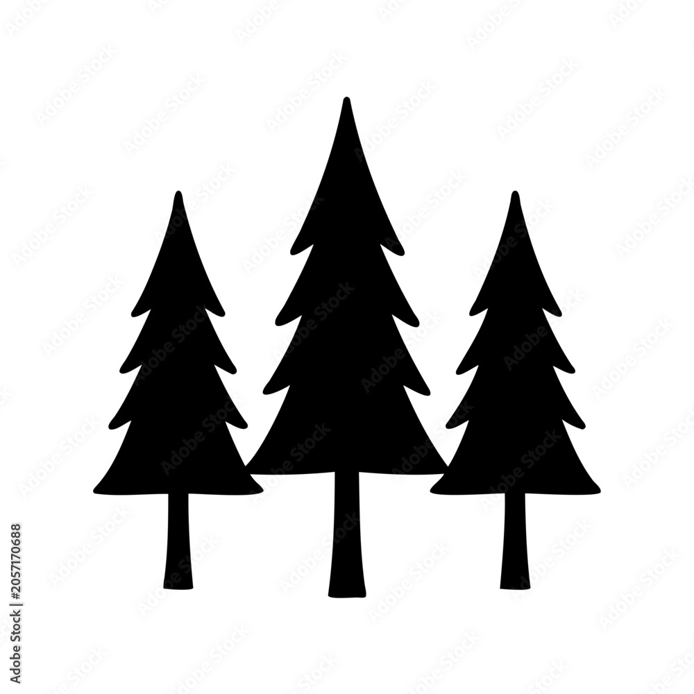 Fototapeta premium Simple monochromatic illustration of three stylized evergreen trees in silhouette