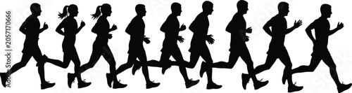 Obraz na plátne Dynamic black silhouettes of runners showing athletic stride progression, fitnes