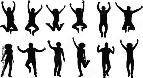 Fotografía Twelve human silhouettes in joyful jumping and standing poses showing expressive