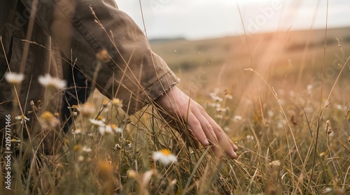 A Person Gently Brushing Their Hand Through Wild Grass and Meadow Flowers During a Soft Golden Hour Afternoon