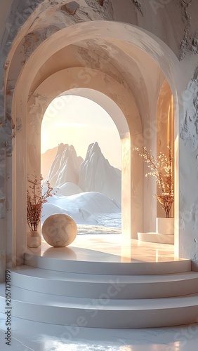 A serene, dreamlike scene with an arched doorway leading to a mountainous landscape