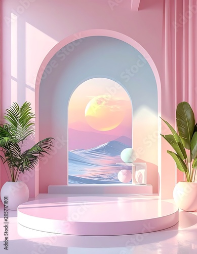 A serene pink room with an archway leading to a beach at sunset
