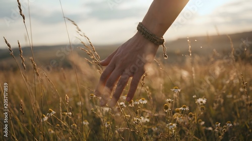 Close-up of a hand gently brushing over wildflowers and tall grass in a sunny field at sunset
