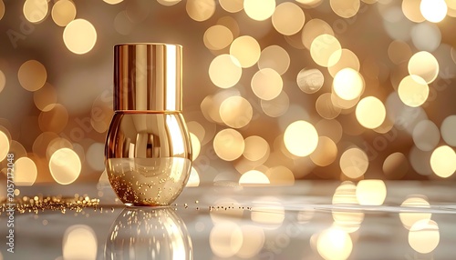 A shiny gold bottle on a reflective surface with bokeh lights
