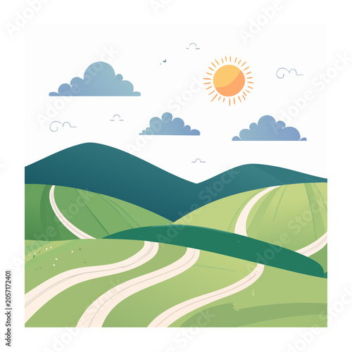 Flat design landscape with mountains and sun