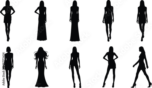Canvastavla Collection of female fashion model silhouettes in elegant standing and walking p