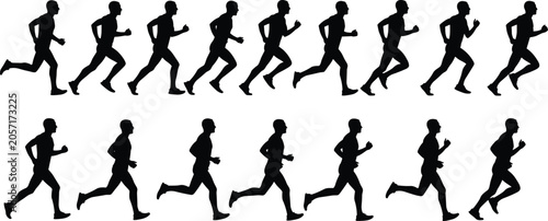 Fotografi Silhouette illustration of athletes running stride cycle showing progression of