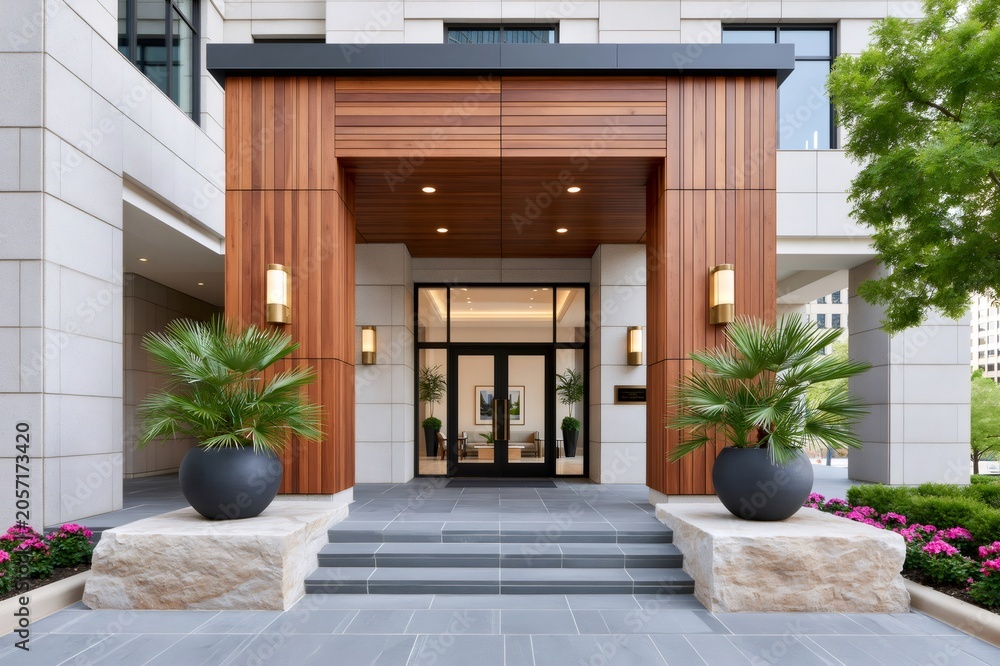 Fototapeta premium Modern architectural building entrance with wooden facade