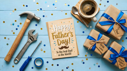 Father's Day gifts, tools, and card on blue wooden table, celebration