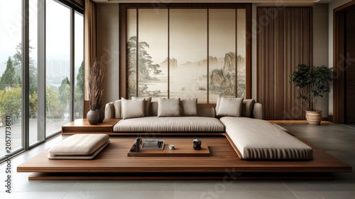 Modern Japanese living room with a low couch and wooden platform