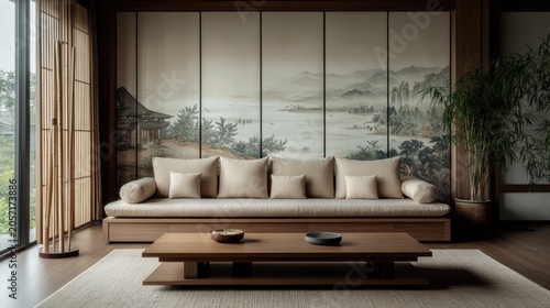 Living room with Japanese-style mural and modern furniture