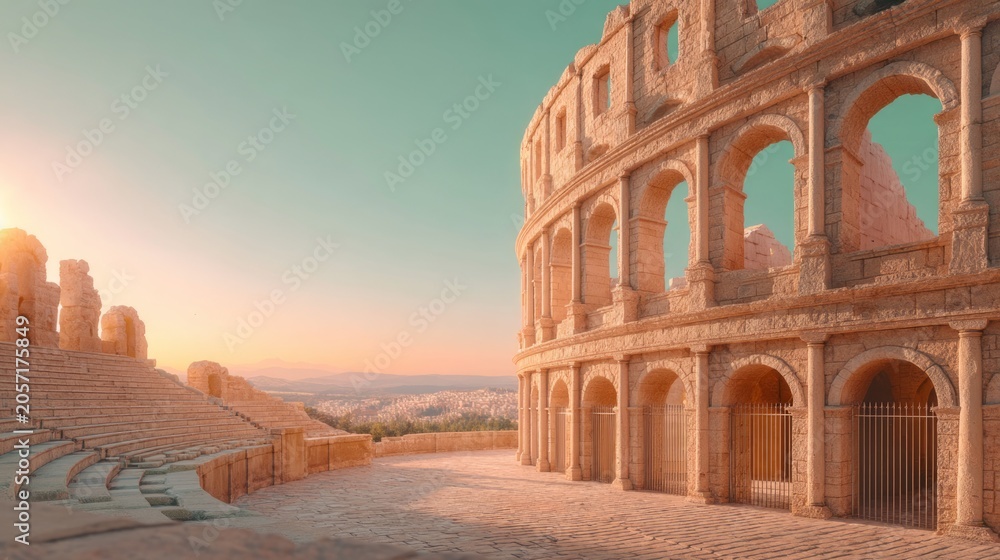 Fototapeta premium Ancient Roman Amphitheater at Sunrise with Clear Blue Sky