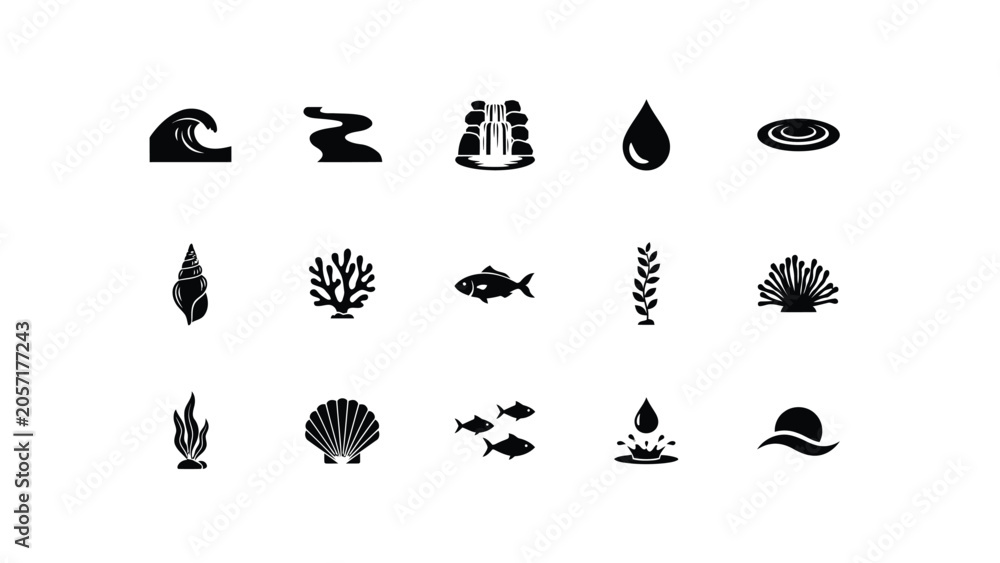 Fototapeta premium Underwater and marine nature icon set with ocean waves shells fish coral waterfall drops.