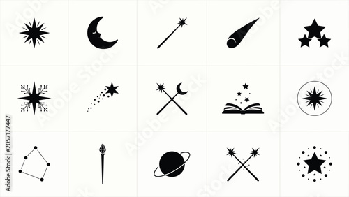 Valokuva Collection of magic and space themed icons with stars moon planets and wands elements