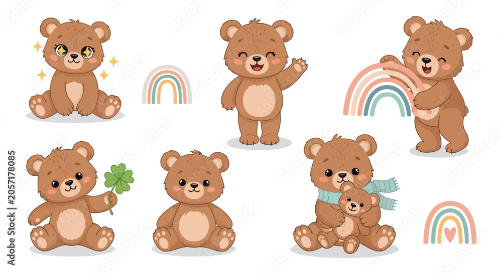 Fototapeta premium Cute Cartoon Teddy Bear Set with Rainbows and Clover