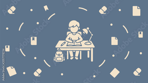Cuadro en lienzo Minimalist Vector Illustration of a Boy Student Doing Homework at Kids Study Des