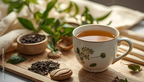 Tea cup with leaves and seeds on wooden tray indoors
