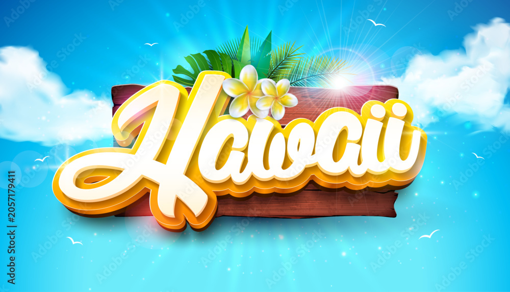 Obraz premium Aloha Hawaii Tropical Summer Design with Flower, Exotic Palm Leaves and 3d Typography Lettering on Blue Cloudy Sky Background. Vector Holiday Typography Illustration with Tropic Plant and Phylodendron