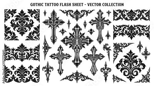 Gothic Tattoo Flash Sheet Vector Collection of Ornate Crosses and Flourishes