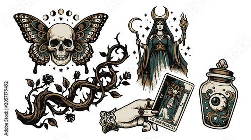 Mystical Butterfly Skull and High Priestess Tarot Card Solar Design