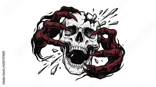 Fotografie Terrifying Demon Hands Gripping and Breaking a Skull with Shards Flying