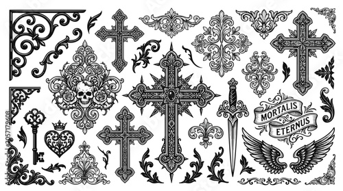 Ornate Vintage Crosses and Decorative Elements Collection