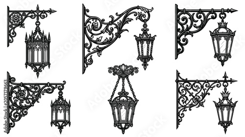 Tableau sur toile Victorian Style Ornate Iron Street Lamp Brackets and Lanterns Set