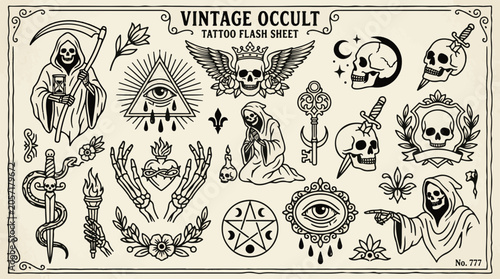 Vintage Occult Tattoo Flash Sheet Grim Reaper Skull Symbols and Icons