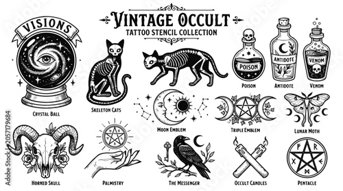 Quadro su tela Vintage Occult Tattoo Stencil Collection Solar Gothic Symbols