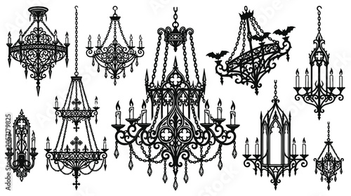 Gothic Chandelier Silhouettes with Bats and Candles for Halloween Decor