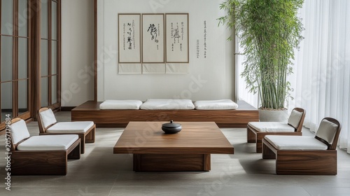 Modern Japanese living room with low seating and bamboo plant