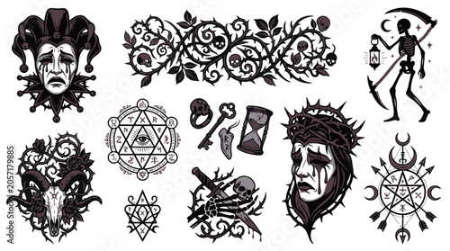 Gothic Illustration Set with Skulls Occult Symbols and Sad Face Joker