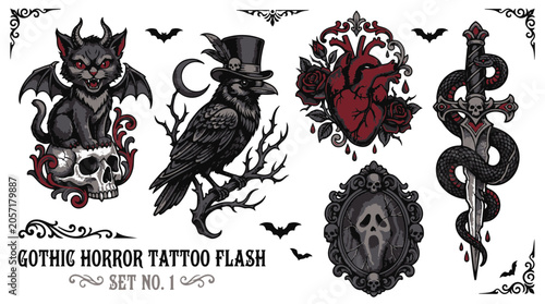 Gothic Horror Tattoo Flash Set with Cat Skull Raven Heart Dagger Mirror