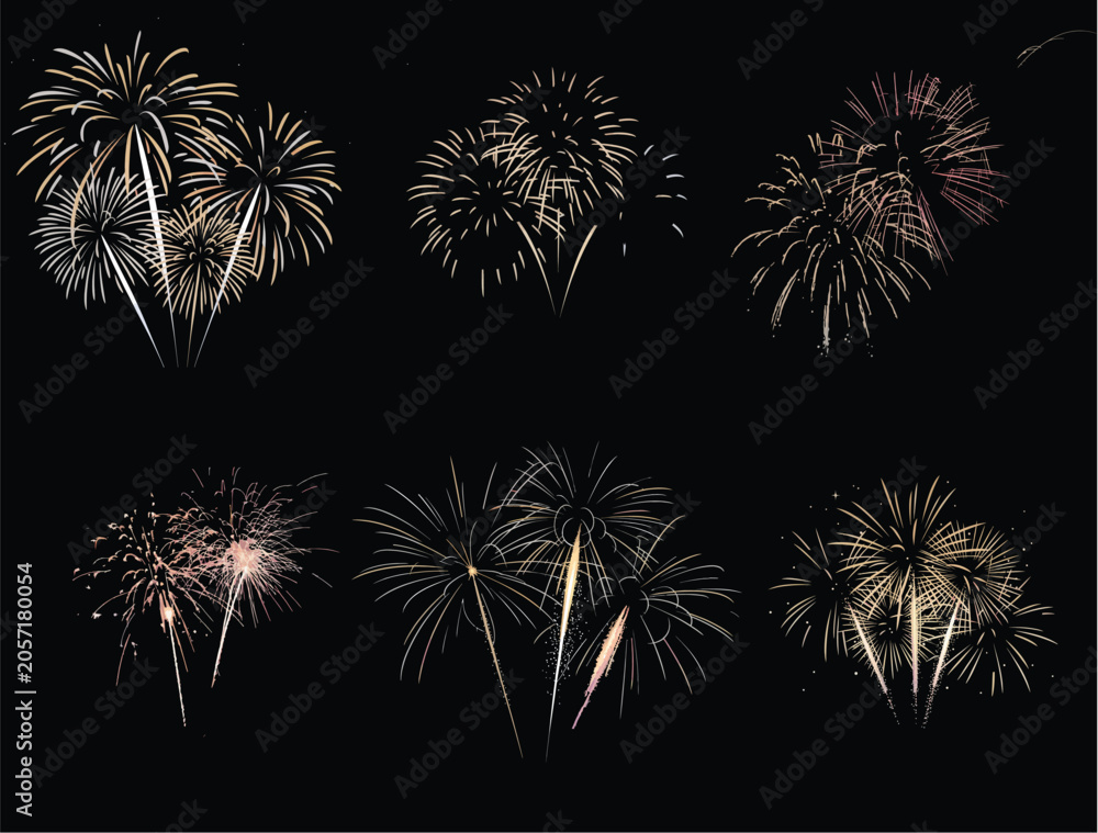 Fototapeta premium Fireworks explosions, colorful night sky, festive celebration, vector graphics set