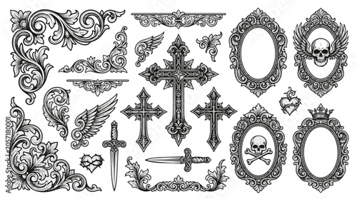 Gothic Ornate Design Elements Collection with Skulls and Crosses
