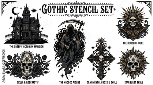 Gothic Stencil Set Collection of Dark Themed Illustrations