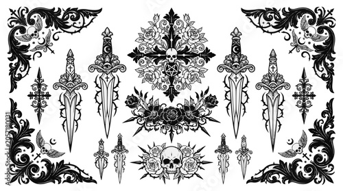 Gothic Tattoo Designs Featuring Skulls Roses Daggers and Ornate Corners