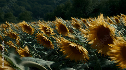 adulteration. Sunflowers swaying in a field during golden hour, nature scene. gardening catalogs, home-decor guides, designed for home decor and floral branding and gardening and botanical catalogs.